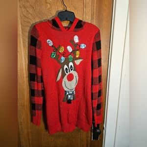 Ugly Christmas Sweater Reindeer Long Pointy Checkered Hood L (11-13)